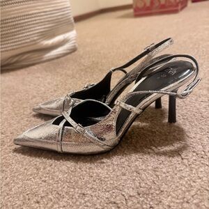Zara Metallic Silver Pointed Slingback Heels
